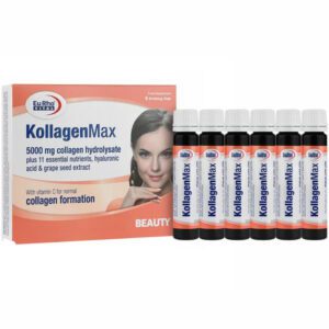 ویال خوراکی کلاژن مکس یوروویتال بسته 6 عددی با کلاژن هیدرولیز شده 5000 میلی‌گرم، اسید هیالورونیک و ویتامین C برای حفظ شادابی، آبرسانی، تقویت مو و ناخن و کاهش چین و چروک پوست